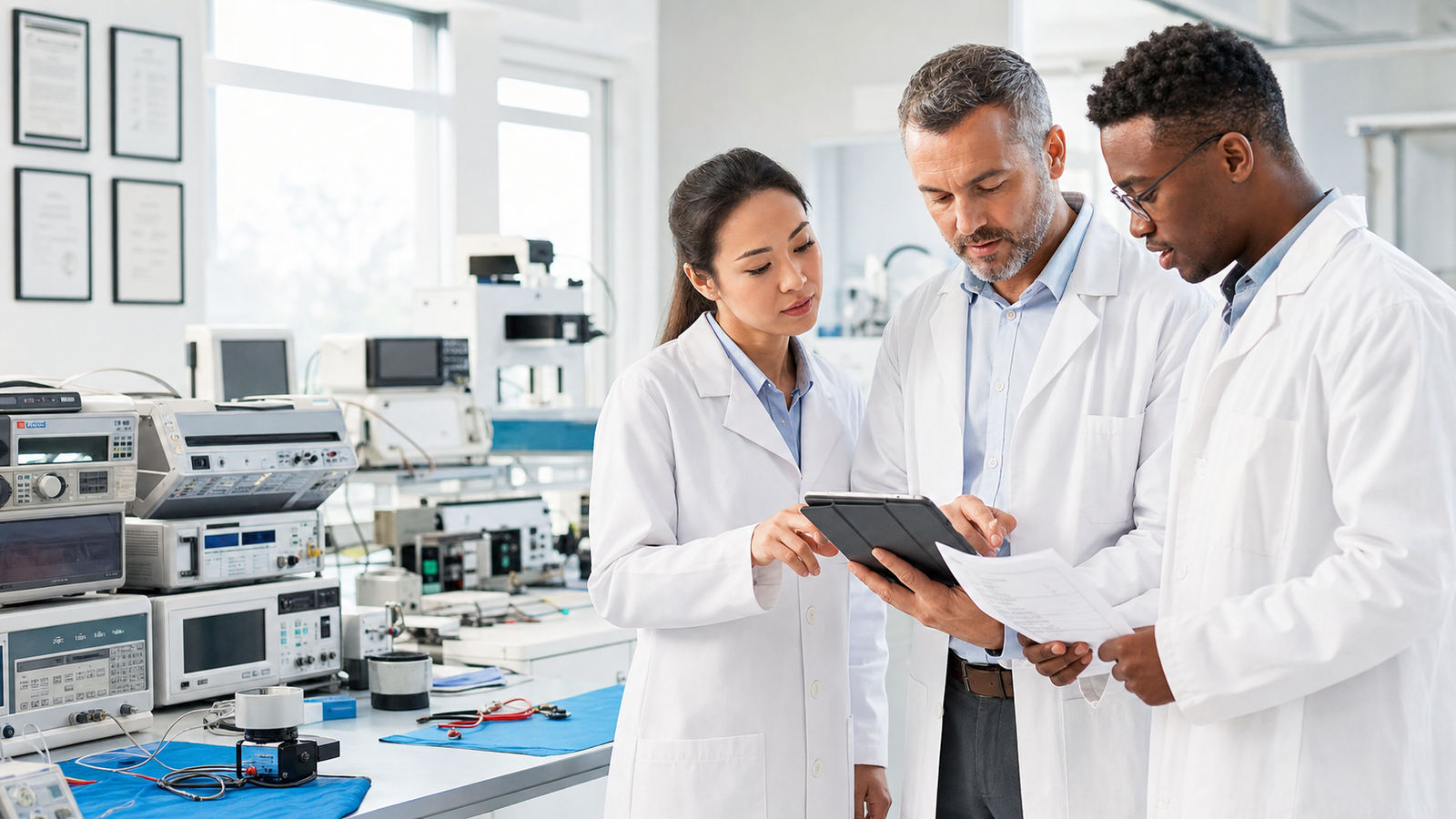 Biomedical engineering team reviewing calibration results in a laboratory