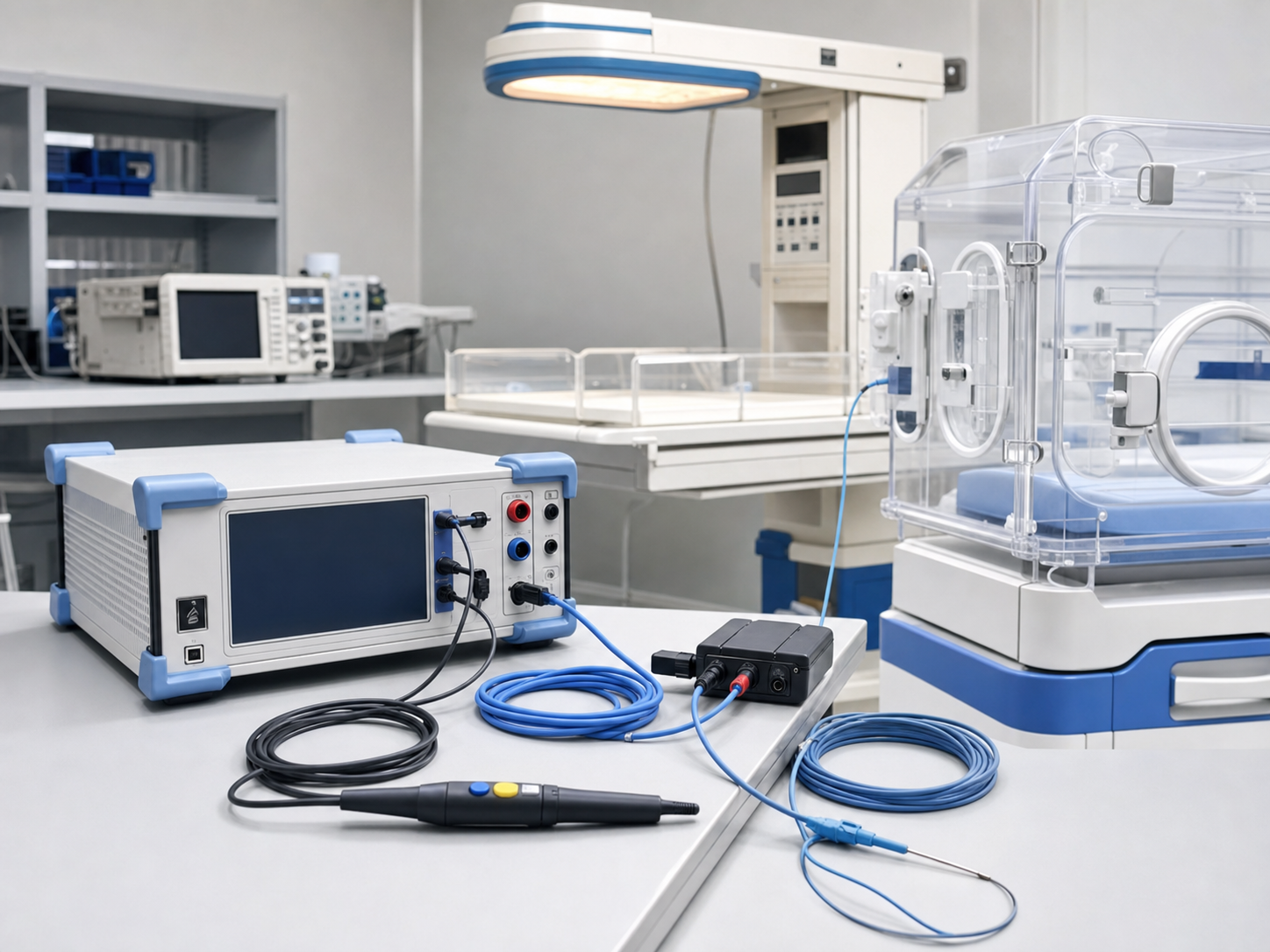 ESU analyzer and neonatal incubator equipment arranged for calibration testing