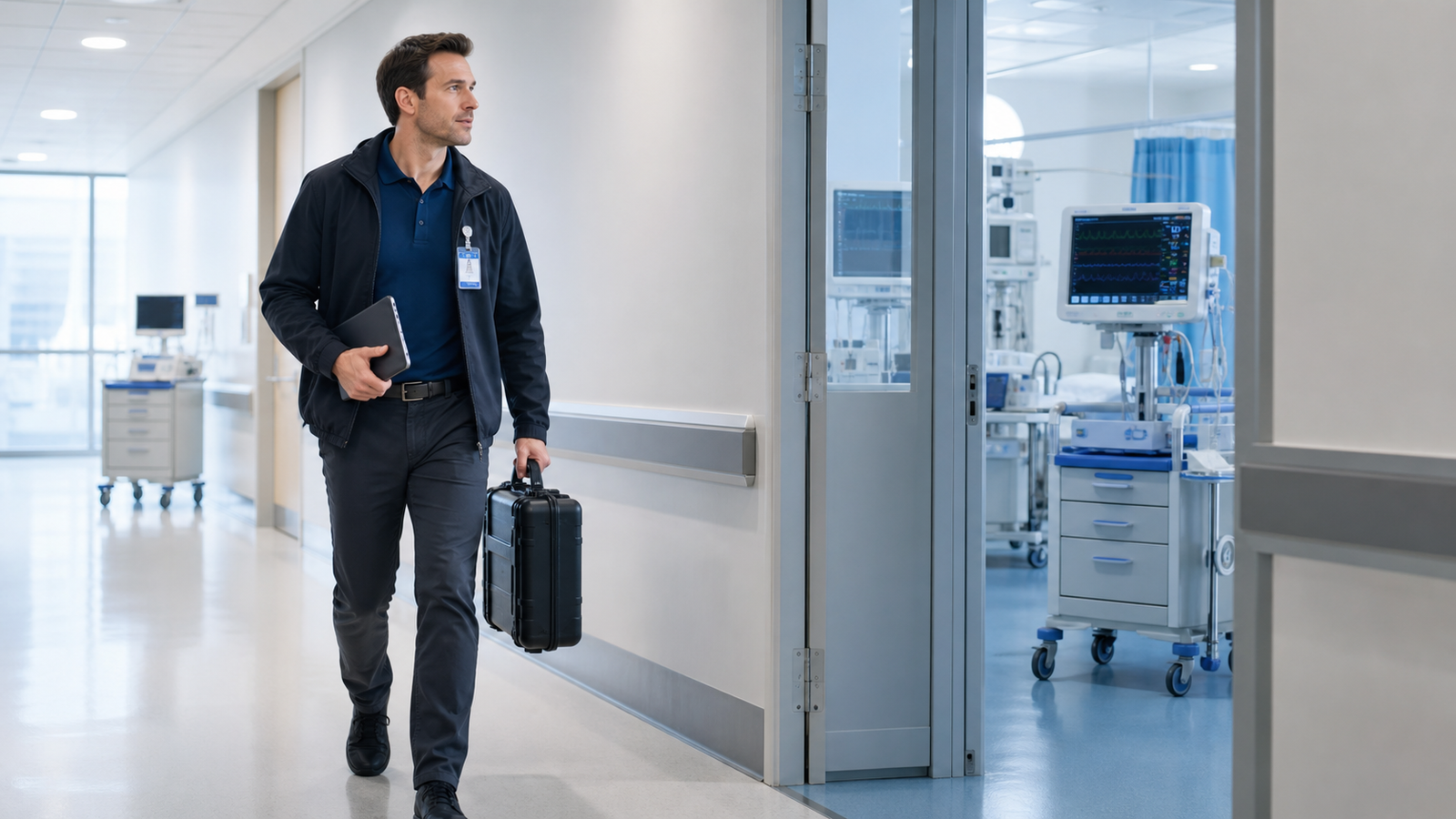 Biomedical engineer arriving with a calibration case for planned hospital support