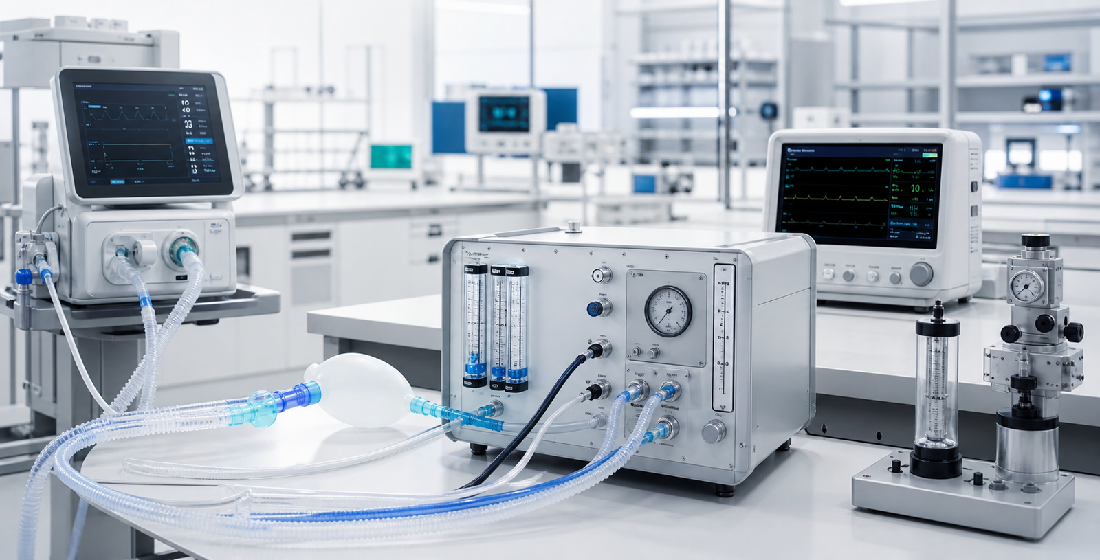Ventilator analyzer and patient monitor arranged on a bright calibration laboratory bench